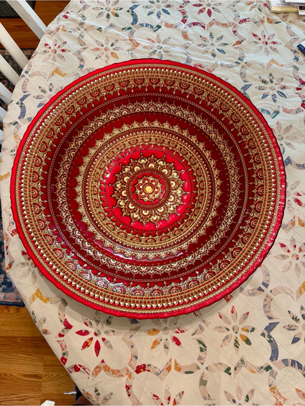 Handcrafted 17 in. Red & Antique Gold Embossed Mandala Charger Platter/Bowl.